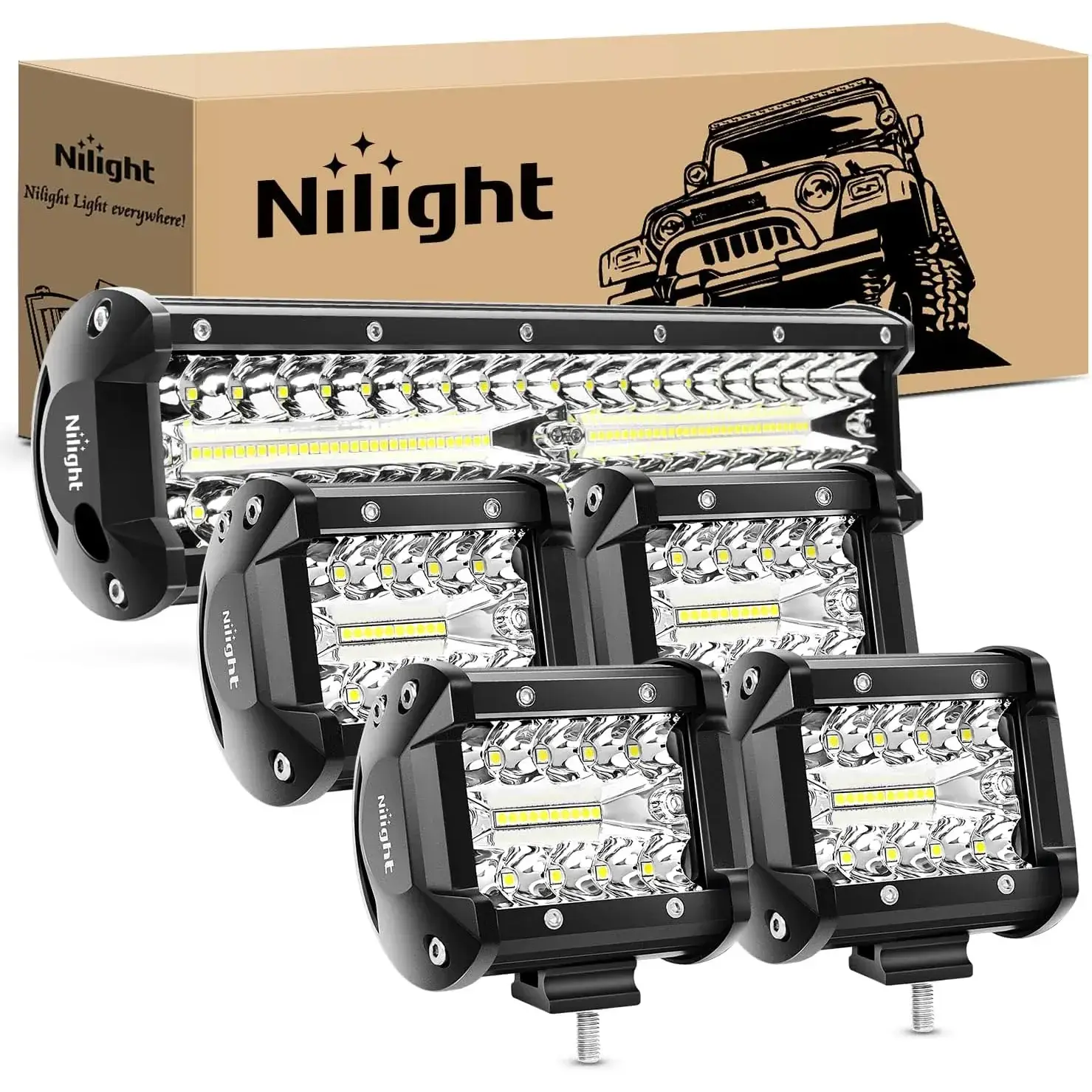 LED Light Bar 12 Inch 300W 4Pcs 4 Inch 60W Spot Flood Pods Off Road Driving Fog Work Lighting for Truck Tractor Pickup Boat SUV ATV UTV Car 4x4 Van Camper Motorcycle Dirt Bike Golf Cart