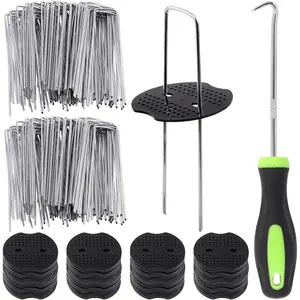 201 count Garden Stakes Staples Kit, 100 count 6 Inch U-Shaped Landscape Staples, 100 count Fixing Gasket with 1 count Pick Hook for Weed Barrier Fabric, Ground Cover, Holding Fence and Artificial Turf
