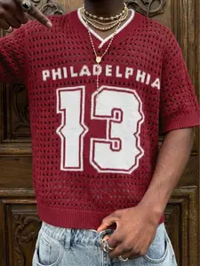 Men's Spring Summer Fashion New Simple Breathable Mesh Digital Print Sport Streetwear Street Casual Daily Versatile Ribbed V-Neck Fitted Knit Top Short Sleeve