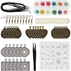 Molds Pendant Trays Making Kit with 30 count 5 Styles Metal Pendant, 1 count  Epoxy Molds, Earring Posts, Dried ,Wax Rope Necklace, Finger Protector and Tweezers