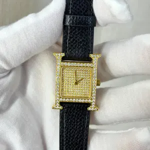 Hermès Heure H 21mm Quartz Aftermarket Full Diamond Dial Gold-Plated Stainless Steel Ladies Watch with Aftermarket Diamond Case WHT032605