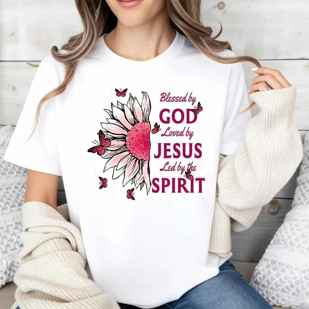 Women's Casual Short-Sleeve Athletic Christian Faith Statement T-Shirt - Religious Floral Design, Blessed By God, Loved By Jesus, Led By The Spirit, Spring Summer Top, Gift For Faithful Believers, Jesus T Shirts, Shortsleeve