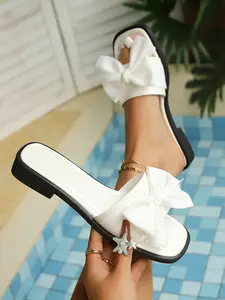 Women's Bow Square Toe Flat Sandals, Sweet Vacation Style, Anti-Slip Casual Shoes, Summer Fashion Butterfly Knot Flats, Comfortable and Stylish