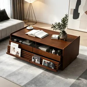 Fluted Coffee Table with Drawers & Glass Shelves, 47 Inch Farmhouse Storage Center Table for Living Room, Wood Brown