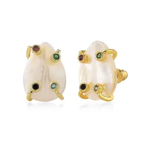 White Keshi Pearl and Multi Color Cubic Zirconia Earrings in Goldtone