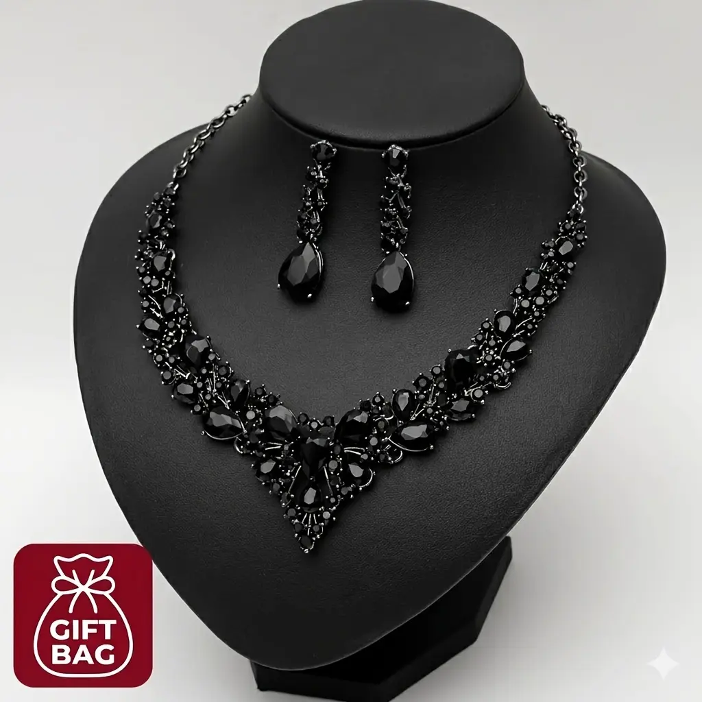 Women's Tarnish-Proof Bridal Bling Crystal Pattern Chain Necklace Bracelet Base Jewelry Set - Austrian Crystal Earrings Included - Ideal for Weddings, Female Gifts, Bling Jewelry Sets, Crystal Pattern Jewelry Sets