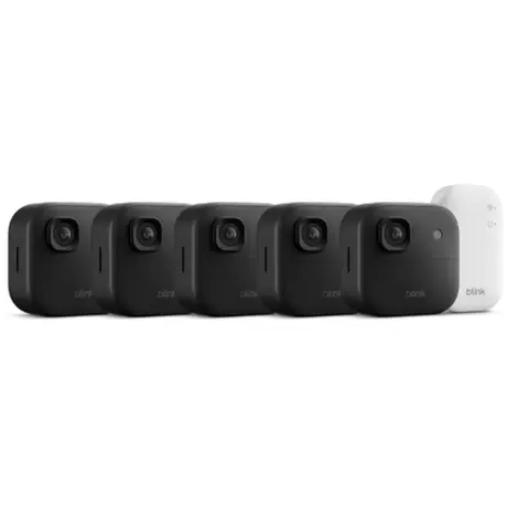 Blink Outdoor 2K+ (Newest Model) Wireless Smart Security Camera System - 5 Black Cameras, 2K Resolution, Enhanced Audio, 2-Year Battery, Wireless Sync Module Core, Cable, AA Lithium Compatibility, IP-65 Rated, Weather Resistant, Optical Zoom, Home Use, Se