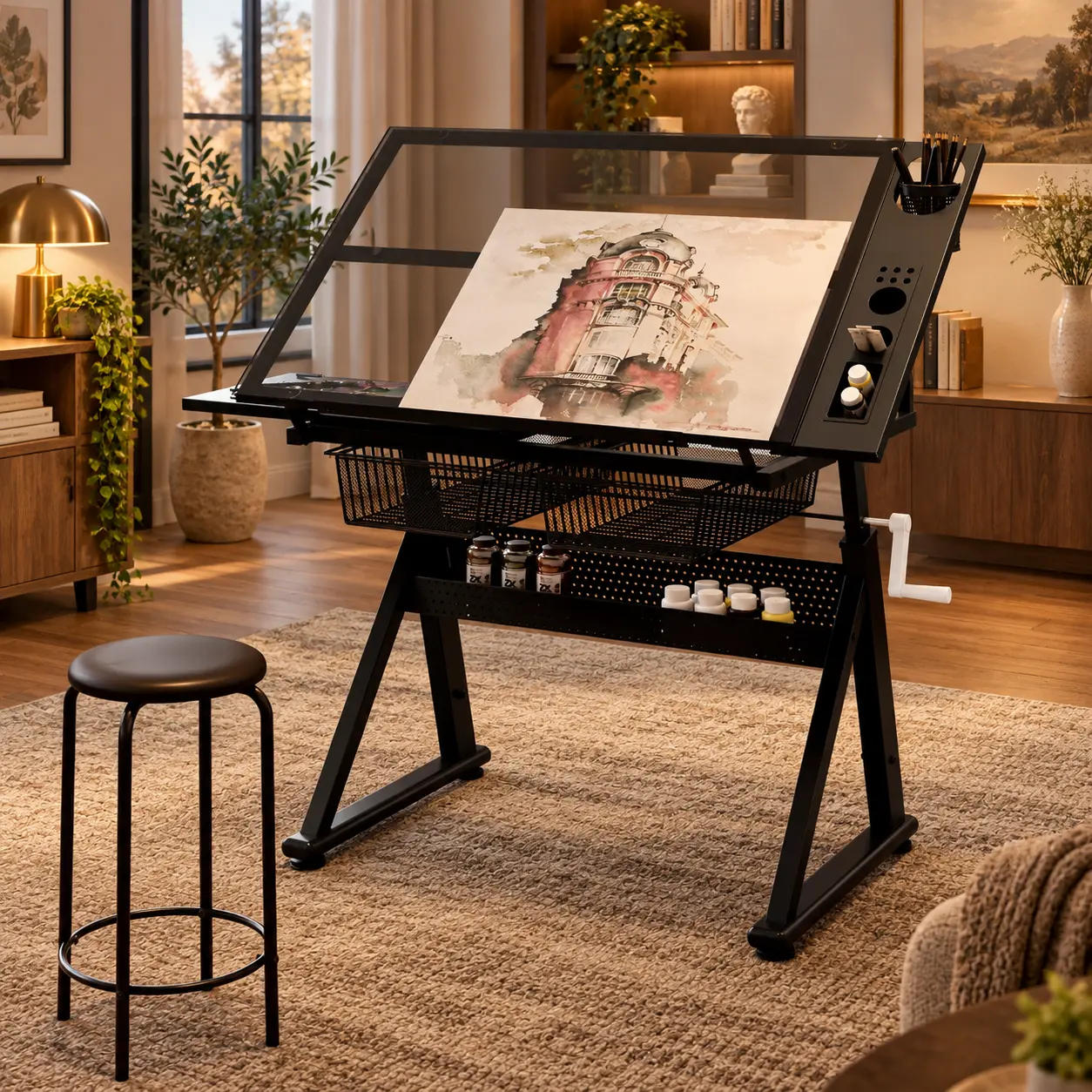 Adjustable Rectangular Glass Top Tilting Drafting Desk with Stool, Storage Baskets & Art Trays - 40.15" W x 23.62" D, 29.52"-37.8" H Adjustability, Commercial Office Furniture for Studio Use, Tilting Desk