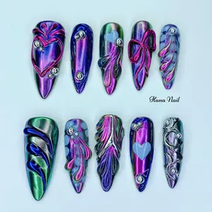 Y2K Chrome Halloween Press On Nails,  Medium Stiletto 3D Nail Art with Hearts, Bows, Flames, Holographic Iridescent False Nails, Nail Design For Party Halloween
