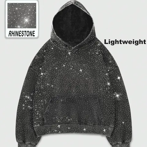 【With Pocket】Rhinestone Glitter Unisex Spring Oversized Hoodies Sparkly Long Sleeve Shirts Party Hooded Sweatshirts Tops