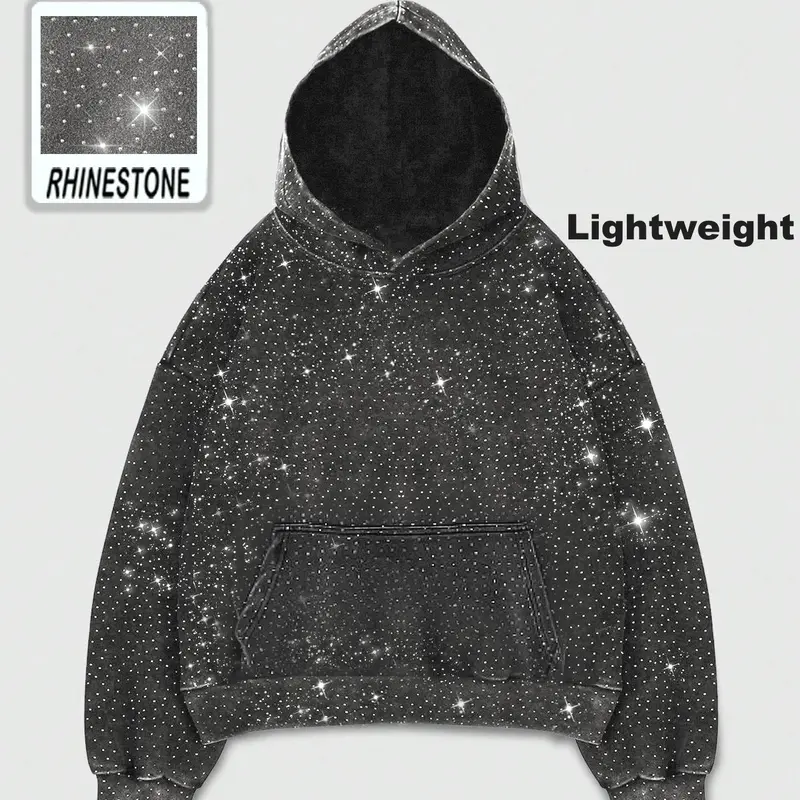 【With Pocket】Rhinestone Glitter Unisex Spring Oversized Hoodies Sparkly Long Sleeve Shirts Party Hooded Sweatshirts Tops