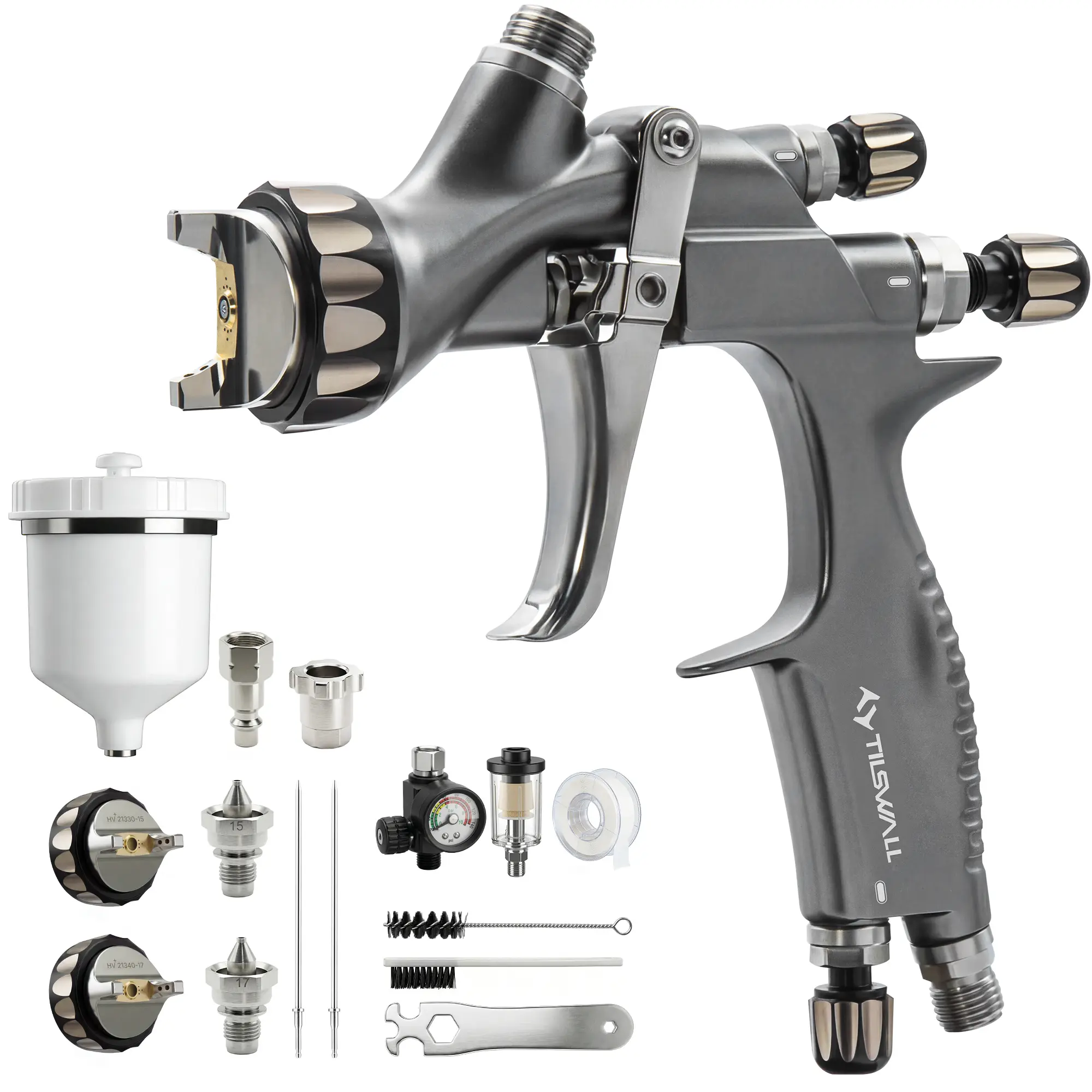 Tilswall Pinto GT HVLP Paint Sprayer Gun Kit | 32cm+ Wide Spray, True HVLP Plus Atomization, All-Stainless Steel Flow Channel, 1.3/1.5/1.7mm Nozzles – Perfect for Automotive Paint & Premium Finish