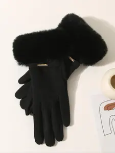 Women's Solid Color Contrast Faux Fur Design Puffy Gloves, Cute Warm Gloves for Fall & Winter, Fashion Accessories for Women & Girls
