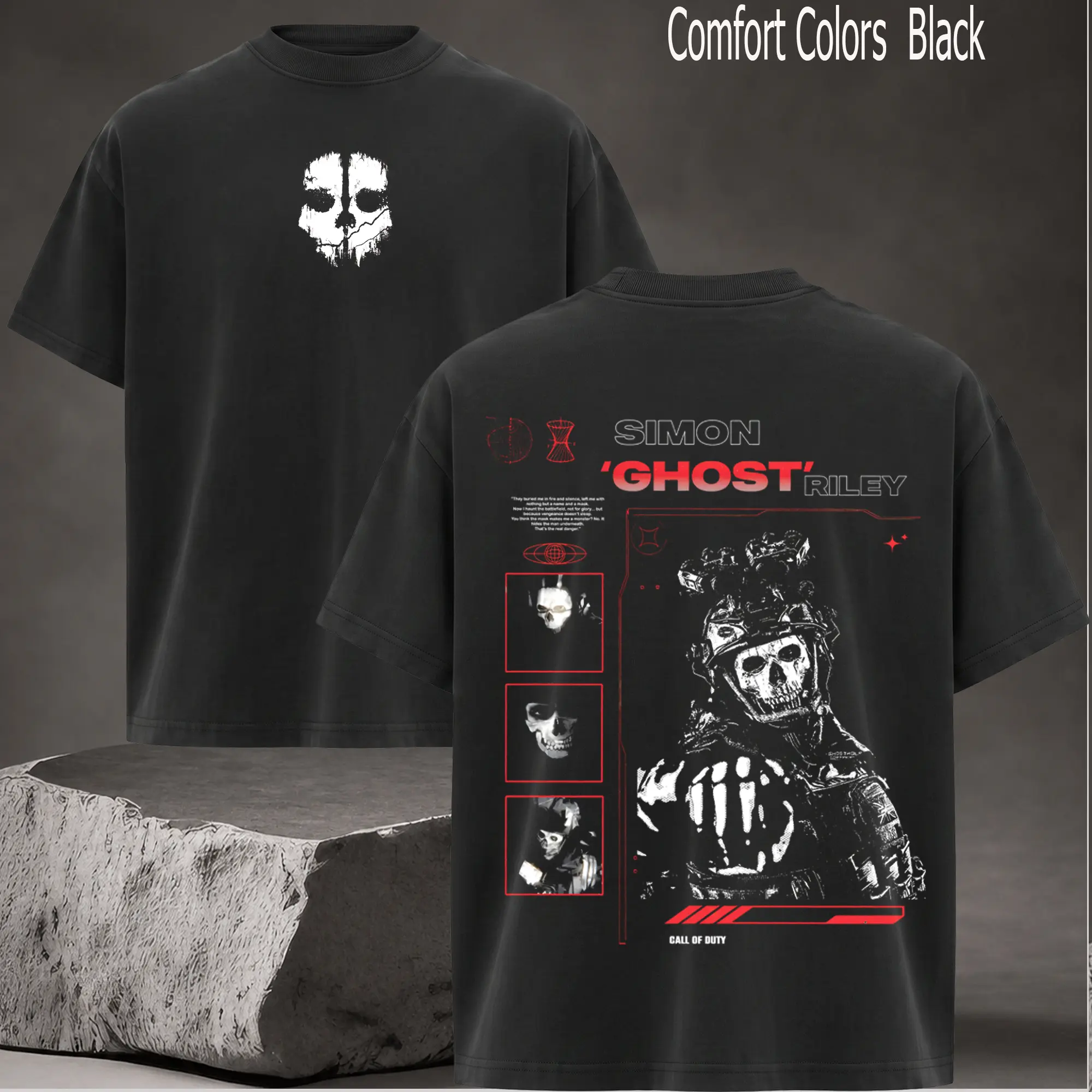 Ghost COD Double Printed Oversize Lightweight Acid Game Graphic T-Shirt for Men Casual Day Wear Cotton Fabric - Jeans Vintage Gaming Retro Black Tee Oversized Heavyweight Cotton T-Shirts Love Menswear Tshirt