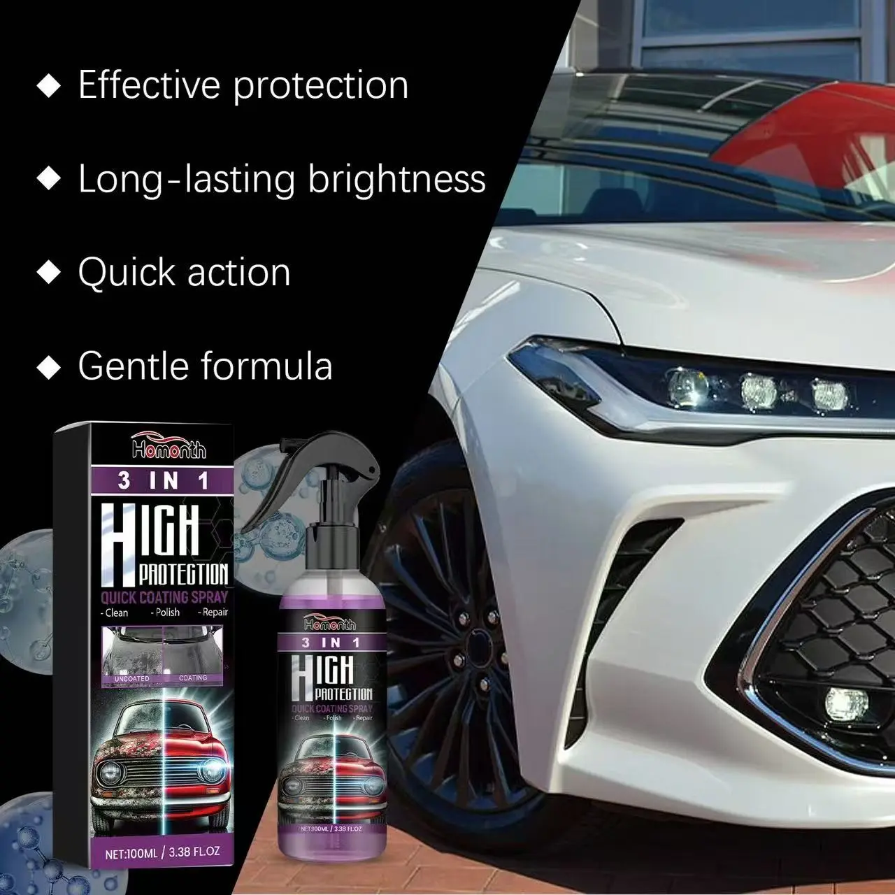Rayhong 3-In-1 High Protection Quick Car Paint Spray, Automatic Hand Paint Color Change Cleaning Coating Spray, Auto Detailing Tool