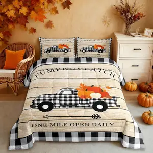 Pumpkin Grid Truck Bedding Set,Rustic Farmhouse Comforter Set,Kids Boys Girls Room Decor,Autumn Plants Themed Quilt Set,Halloween Style Duvet Insert