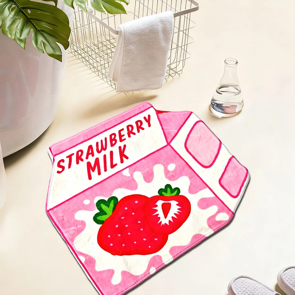 1pc Foldable Strawberry Milk Faux-Wool Bath Mat｜Soft Absorbent Mat, Space-Saving for Tub-Side/Living/Bed, Girly Vibe, Bathroom Mats