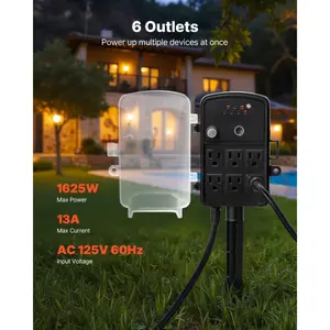 fathersdaygift VEVOR Outdoor Power Stake, 50FT Extension Cord, Outdoor Power Strip Weatherproof with Cover, Remote Control Dusk to Dawn Light Timer Waterproof, 6 Outlets, 1875W/15A, for Christmas Lights, GardenVEVOR Super Brand Day