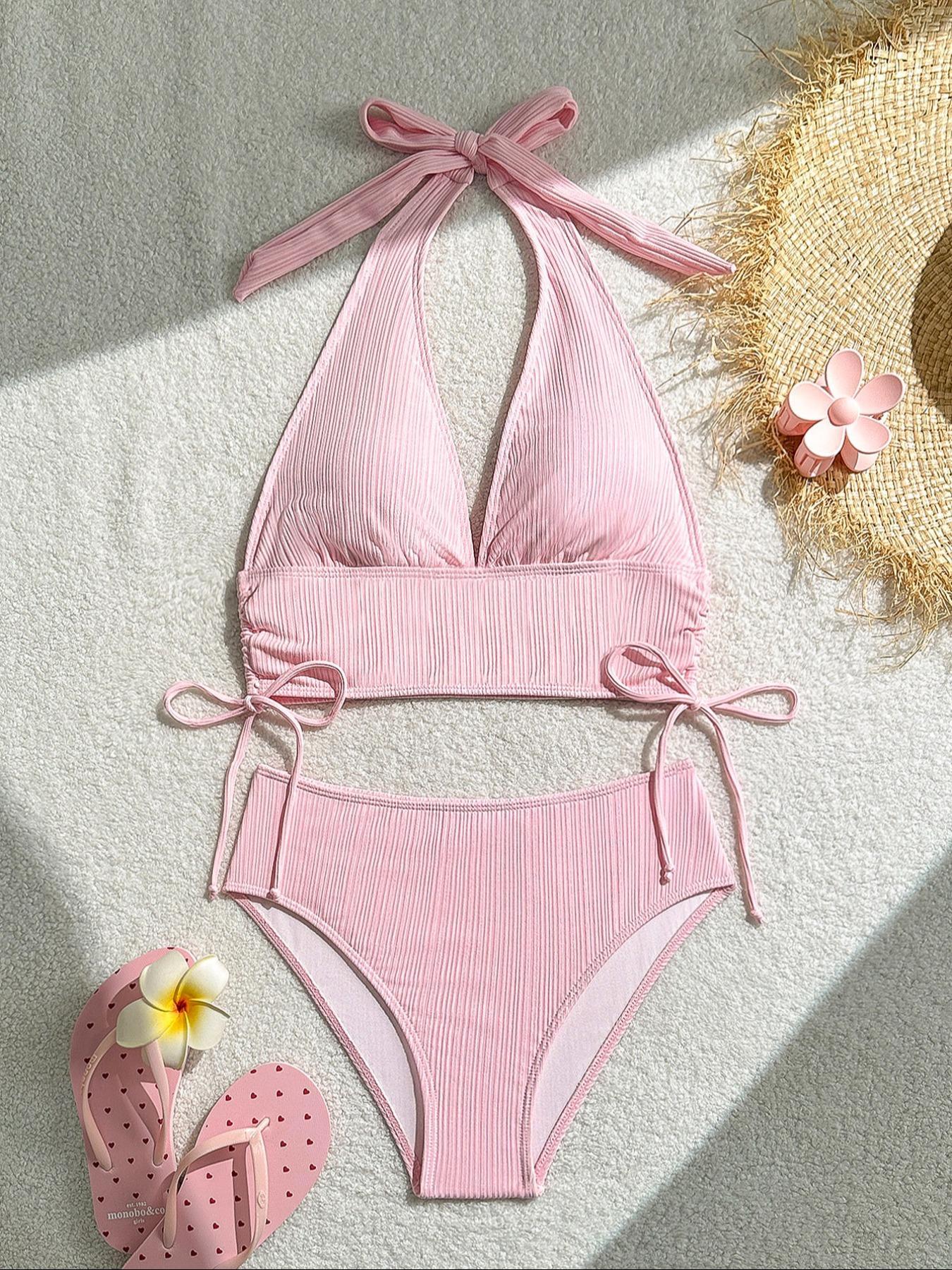 Two-Piece Set Women's Solid Color Bikini Set, Casual Fashion Chic Swimsuit Set, Ladies Swimwear for Beach Holiday Vacation