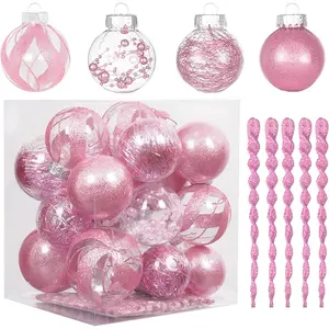 Christmas 32-Piece Ornament Set - Pink Transparent Plastic Shatterproof Christmas Tree Ball Decorations, Top Choice for Holiday Decorations