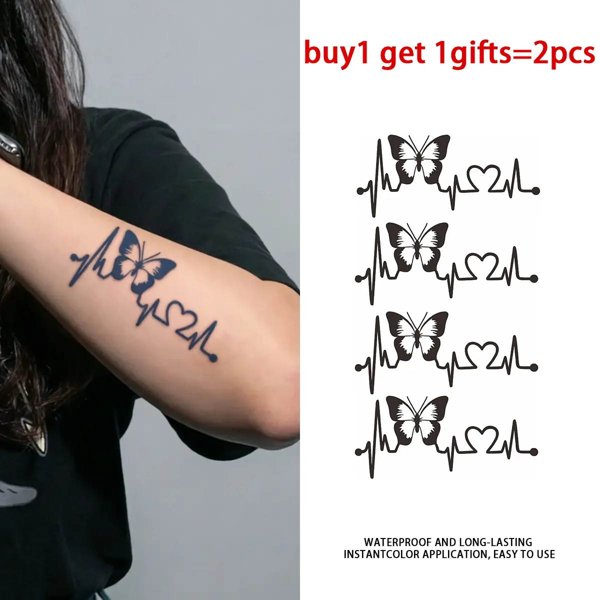 Butterfly Heartbeat Heart Series Temporary Tattoo Stickers - 2 Sheets Semi-Permanent Waterproof Realistic Fake Tattoos, Suitable for Men Women, All Skin Types Ideal for Swimming, Party, Beach