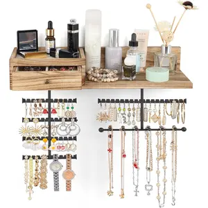 Jewelry Organizer Hanging Wall Mounted Jewelry Holder with Rustic Wood Drawer & Large Capacity Storage Shelf Rack Display for Earrings Rings Necklaces Bracelet
