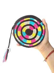 Handmade Crochet Round Coin Purses with Evil Eye Drawstring Closure & Keychain Hook