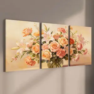 3-Piece Wooden Frame Canvas, Warm Tone Rose Lily Floral Triptych Decorative Poster, Modern Art Home Decoration, Waterproof, Gift