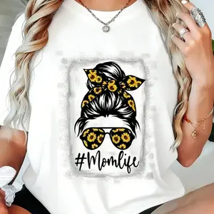[100% Cotton][ Graphic Tee]"Bleached Sunflower Mom Life T-Shirt – Trendy Mother's Day Graphic Tee, Comfortable Casual Short Sleeve Shirt for Moms, Sunflower Design, Perfect Gift for Mother's Day" Pattern Retro Rifle