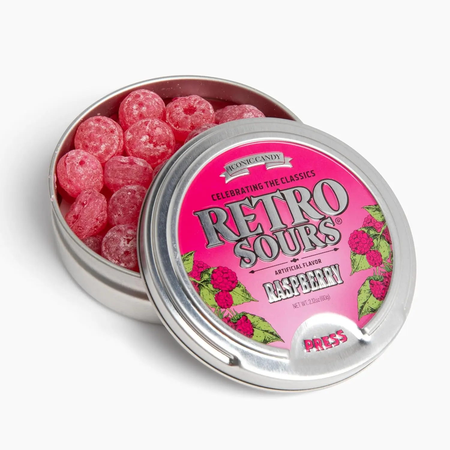 Retro Sours Raspberry Hard Candy (1 - 2.12oz Tin) – Tangy Sour Candy Tin, Classic Fruit Candy, Nostalgic Retro Treat