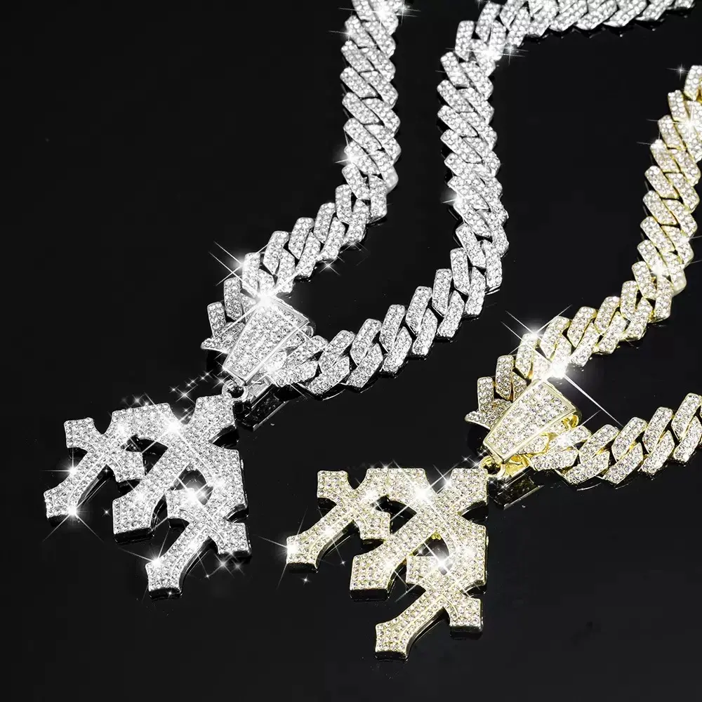 Hip-hop cross-border exclusive 3 cross pendant necklace, European and American 14mm Cuban chain, personalized style
