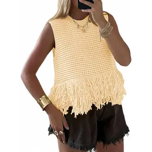 Saodimallsu Womens Crochet Crop Tank Tops Sleeveless Fringe Crew Neck Trendy Boho Knit Summer Sweater Vest Womenswear Style