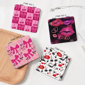 Millennium Style Cherry Red Lip Bow High Heels Pattern Portable Makeup Mirror Easy to Fold Mini Handheld Makeup Mirror Flip Square Touch-up Mirror Suitable for Daily Holidays Birthday Valentine's Day New Year Gift for Couples Sisters and Friends