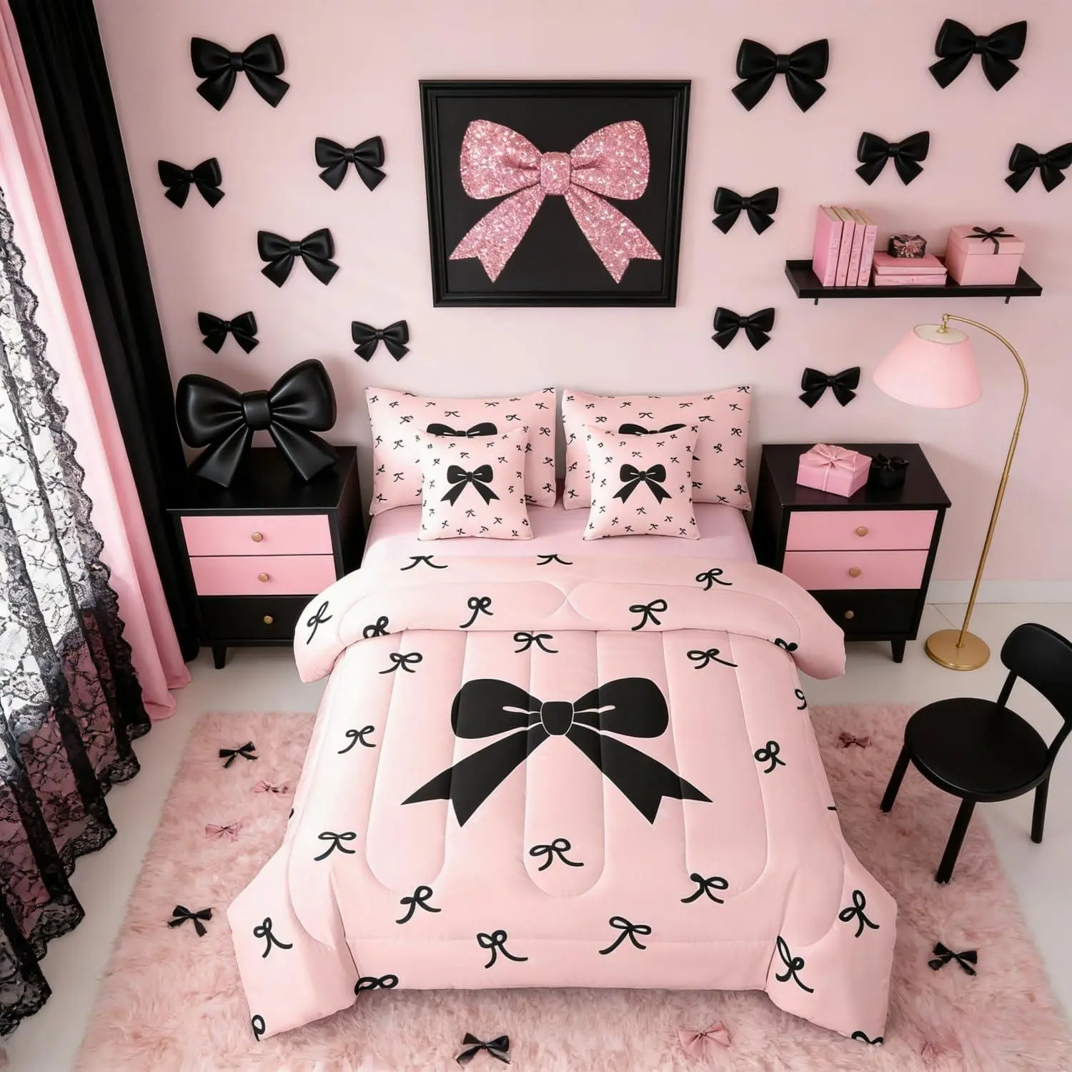 Feelyou 7-Piece Coquette Bowknot Pink Bedding Set for Toddler Girls - Soft Comfy Blanket, Durable Sheets, Pillowcases, King Bed-in-A-Bag, Machine Washable, Multi-Size, Aesthetic Room Decor for Toddler Bed Princess Room Cozy Setup