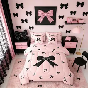 Coquette Bowknot Comforter Set for Girls 7 Pieces,Bow Tie Dreamy Kawaii Bed in A Bag for Bedroom,Bow Bedding Set with Comforters,Sheets,Pillowcases Princess Fantasy Room Decor