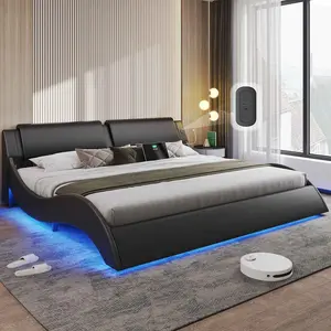 Sikaic Wave Like Curve LED Lighting Bed Frame With Charging Ports And Headboard Black Upholstered Platform Bedframe