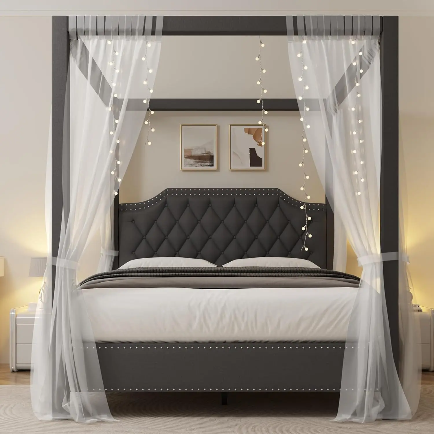 【Christmas Gift】Full Size Canopy Bed Frame with Nailhead Decoration Headboard Upholstered Bed Frame with Poles 4 Corner Bed Bracket Solid Wood Slats Support No Box Spring Needed Noise Free Gray