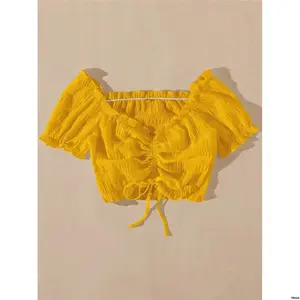 ShortSleeveTops BreezayaDrawstringFrontFrillTrimCropBlouse ShortSleeveTops BreezayaDrawstringFrontFrillTrimCropBlouse