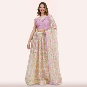 Pastel Floral Lehenga Choli Set - Off-Shoulder Blouse