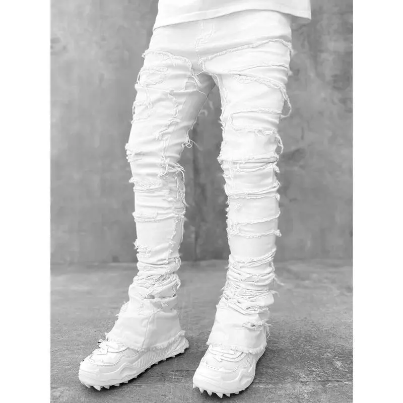 High Street White Men's Stacked Jeans Stretched Patchwork Tassel Damaged Denim Full Length Pants Hip-pop Trousers For Male Streetwear