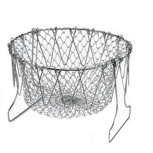 Stainless Steel Foldable Steam Rinse Strain Fry Basket Strainer Net Kitchen Cooking Tool for Fried Food or Fruits