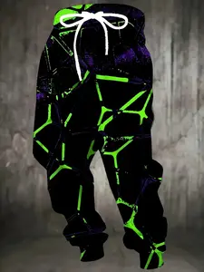 Men's Long Pants, Casual Gym Shorts, Geometric Pattern 3D Print, Gym Wear, Loose Fit with Drawstring and Pockets, Y2K Style
