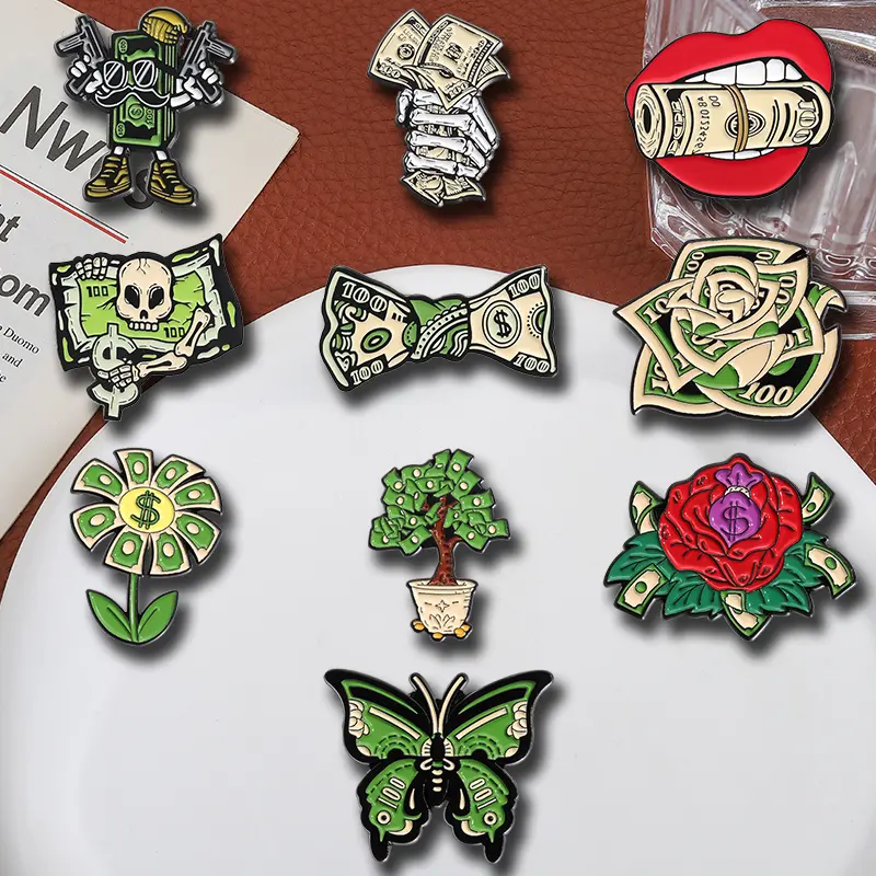 10 pcs green dollar brooches, clothing accessories, necklaces, metal badges, versatile punk skull designs, suitable for daily men's and women's wear, bag accessories Charms Glove Clip