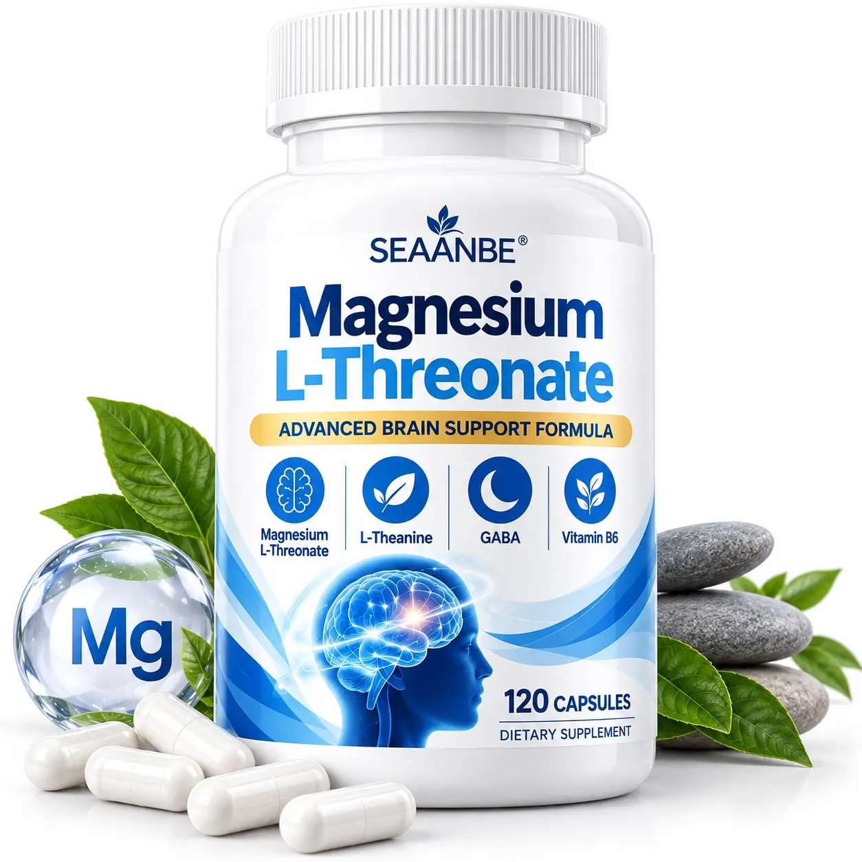 SEAANBE Magnesium L-Threonate Advanced Brain Support Formula with L-Theanine GABA & Vitamin B6 120 Capsules Dietary Supplement Healthcare Fitness Bathroom