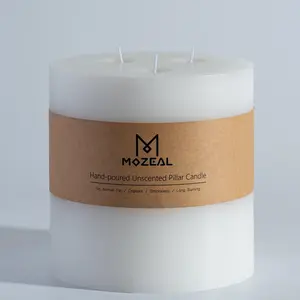 Large 3 Wick White Pillar Candle, 6" x 6", Unscented,, Smokeless, and-Burning.Approx.120 Hours of Burn Time.Perfect for Weddings, Dinners, Christmas and Home