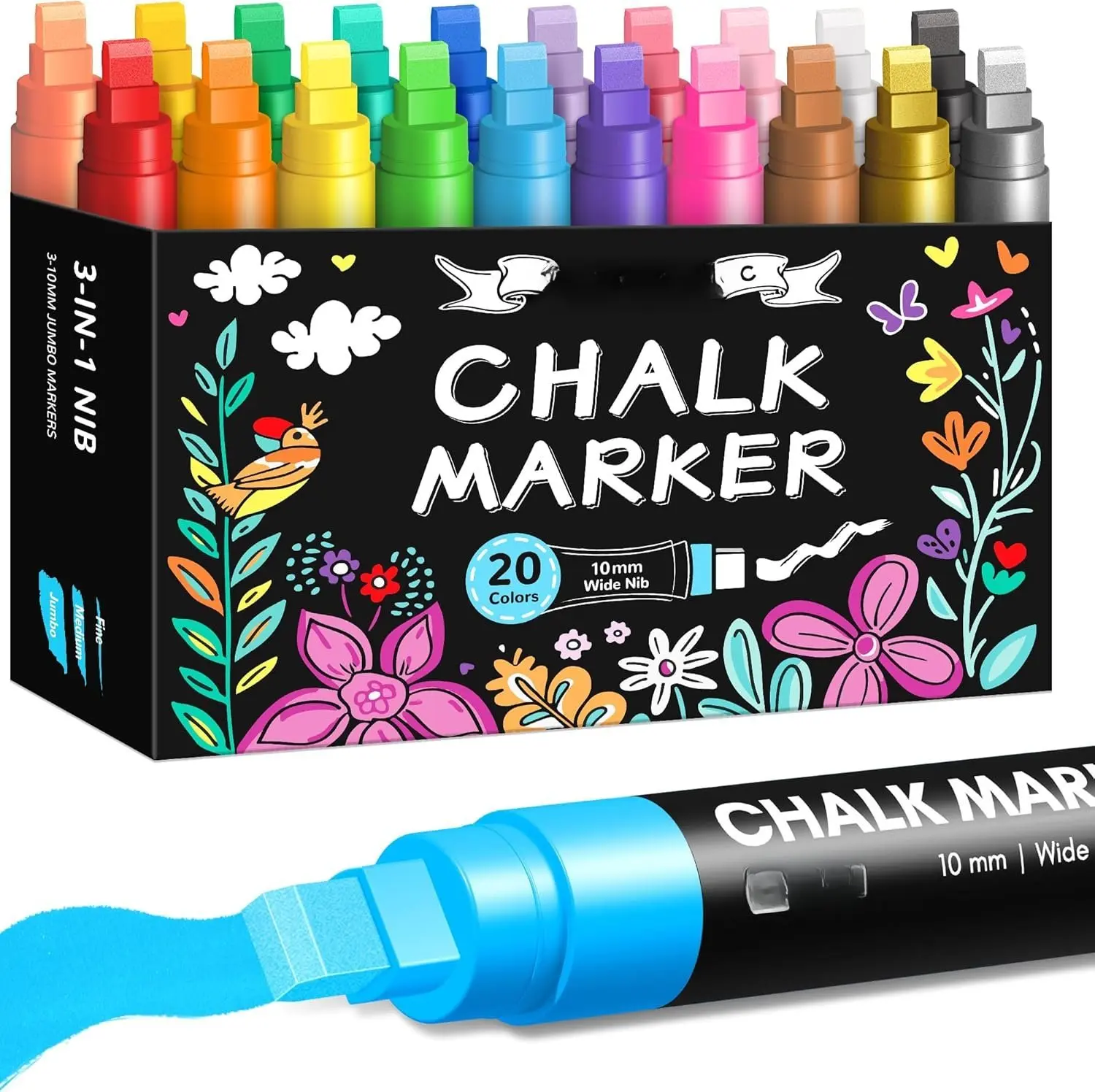 Window Chalk Markers for Glass Washable, 20 Colors  Liquid Chalk Marker with 10mm 3 in 1 Nib Thick Wide Tips, Big Chalkboard Markers,   Pen for Auto, Bistro, Mirror, Poster, Blackboards