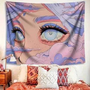 A set of anime girl tapestry, featuring blue eyes and pink cloud patterns,peach-colored velvet wall hanging,anime decoration,suitable for dormitories and bedrooms,fashionable design,decorative tapestry，bedroom decor cool stuff for room girly bedroom decor