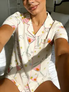Women's 2-Piece Short Sleeve Sleepwear, Martini Glass Star Print Button Shirt, Chest Pocket Elastic Waist Shorts, Casual All Seasons