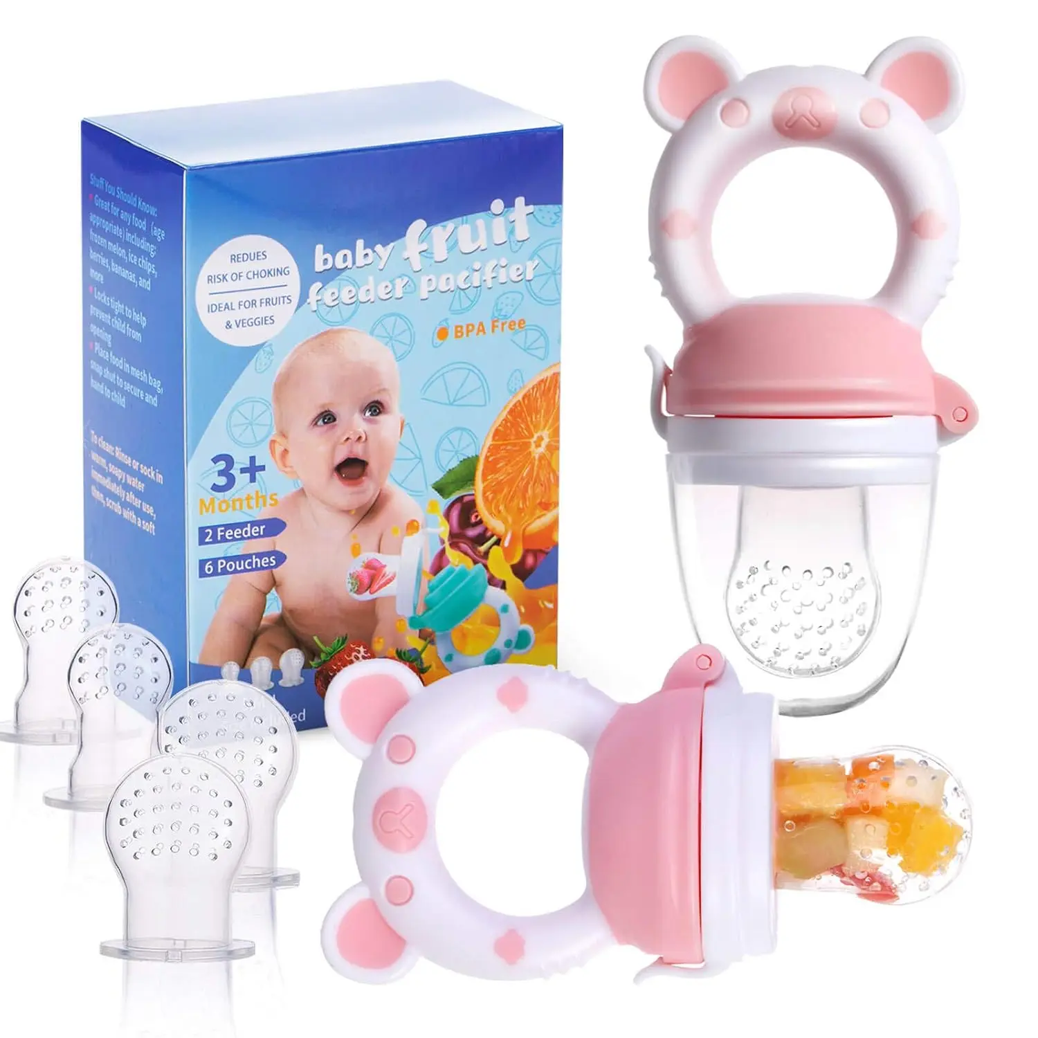 Baby Fruit Food Feeder Pacifier - Fresh Food Feeder, Infant Fruit Teething Teether Toy  3-24 Months, 6 Pcs Silicone Pouches  Toddlers & Kids & Babies, 2-Pack (Light Pink)