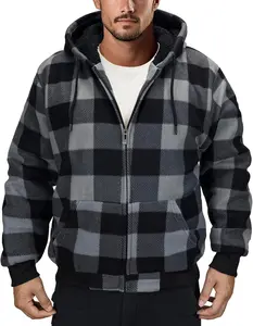 Men's Zip Up Fashion Hoodies Fleece Jacket Sherpa Lined Winter Warm Sweatshirt Plaid Flannel Hooded Coat